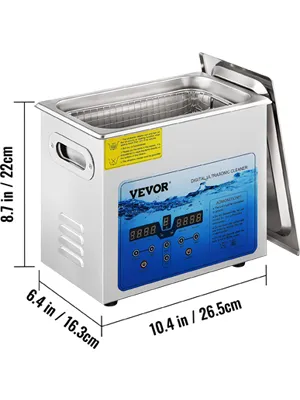 VEVOR ultrasonic cleaner with digital controls, open lid, 10.4x6.4x8.7 inches size displayed.