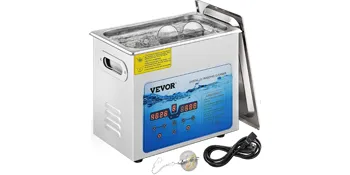 VEVOR ultrasonic cleaner with digital control panel, stainless steel body, and removable lid.