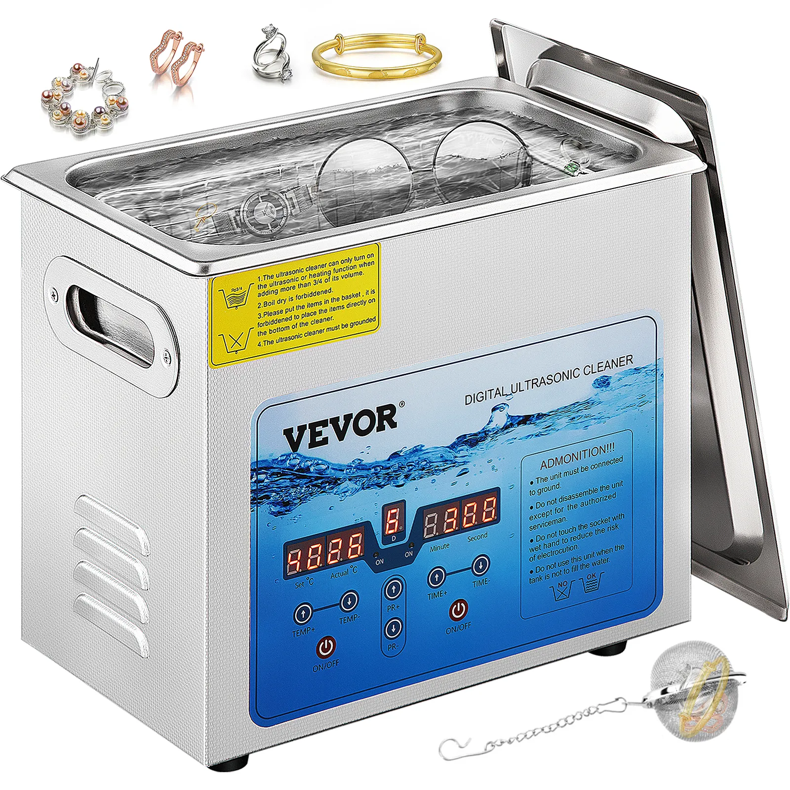 VEVOR ultrasonic cleaner with digital display, cleaning jewelry in stainless steel tank.
