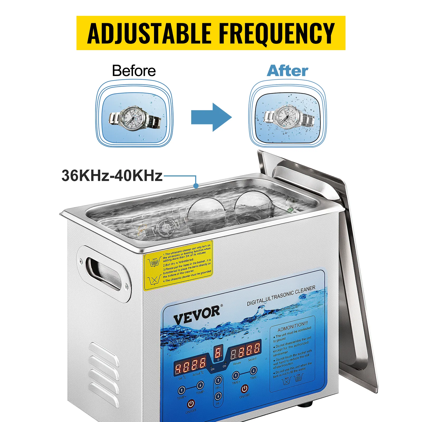 VEVOR ultrasonic cleaner with adjustable frequency from 36khz to 40khz, showcasing before and after watch cleaning results.
