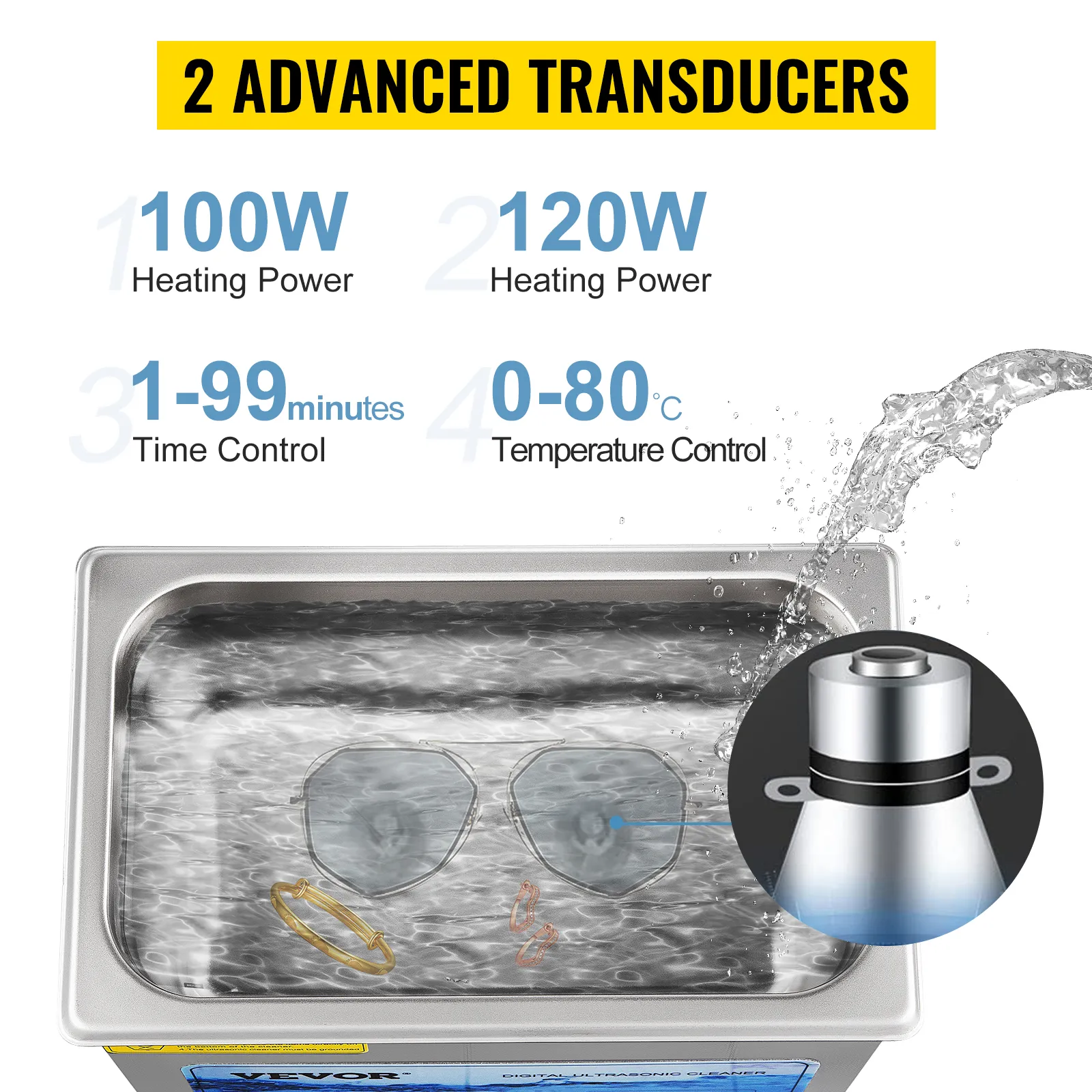 VEVOR ultrasonic cleaner with 100w and 120w heating, 31-99 minutes timer, 0-80°c temperature control.