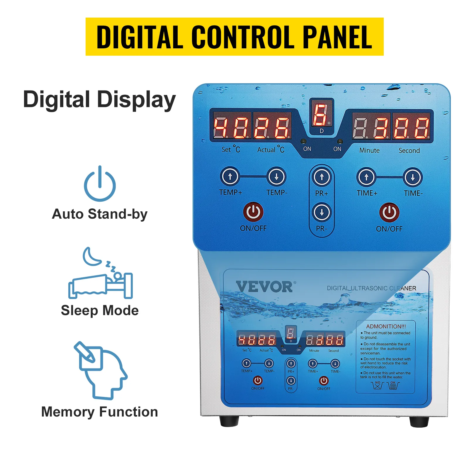 VEVOR ultrasonic cleaner, digital control panel with memory function, auto stand-by, and sleep mode.