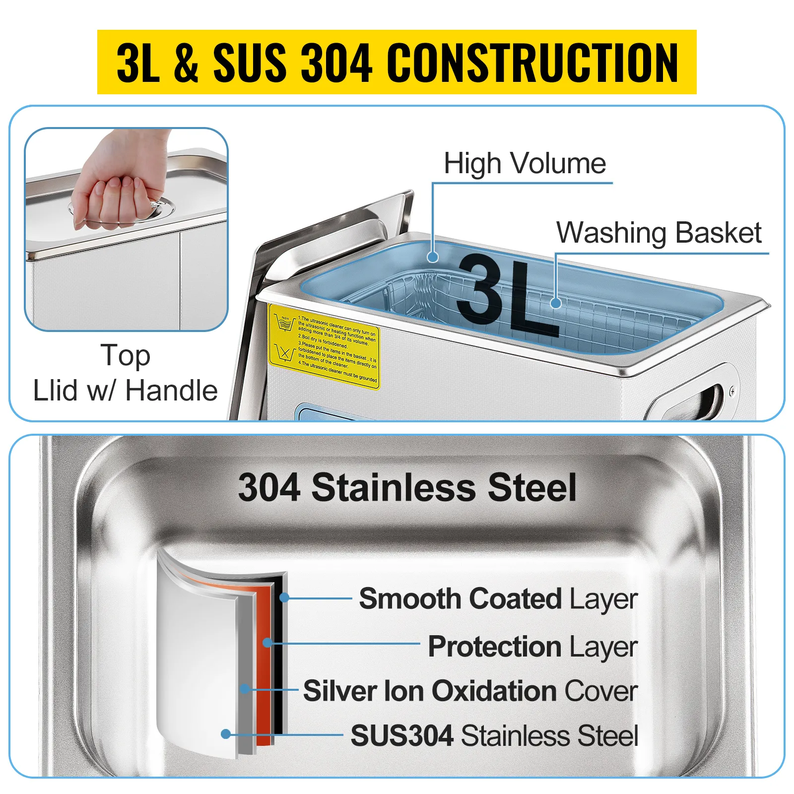 VEVOR ultrasonic cleaner with 3l capacity and sus 304 stainless steel construction with multiple layers.