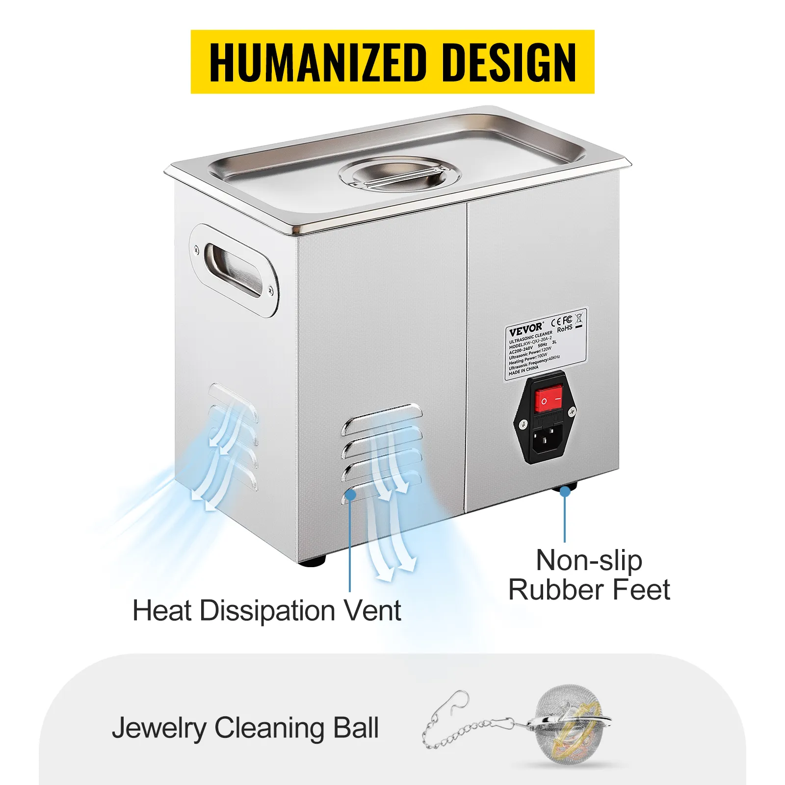 VEVOR ultrasonic cleaner with heat dissipation vents, non-slip rubber feet, and jewelry cleaning ball.