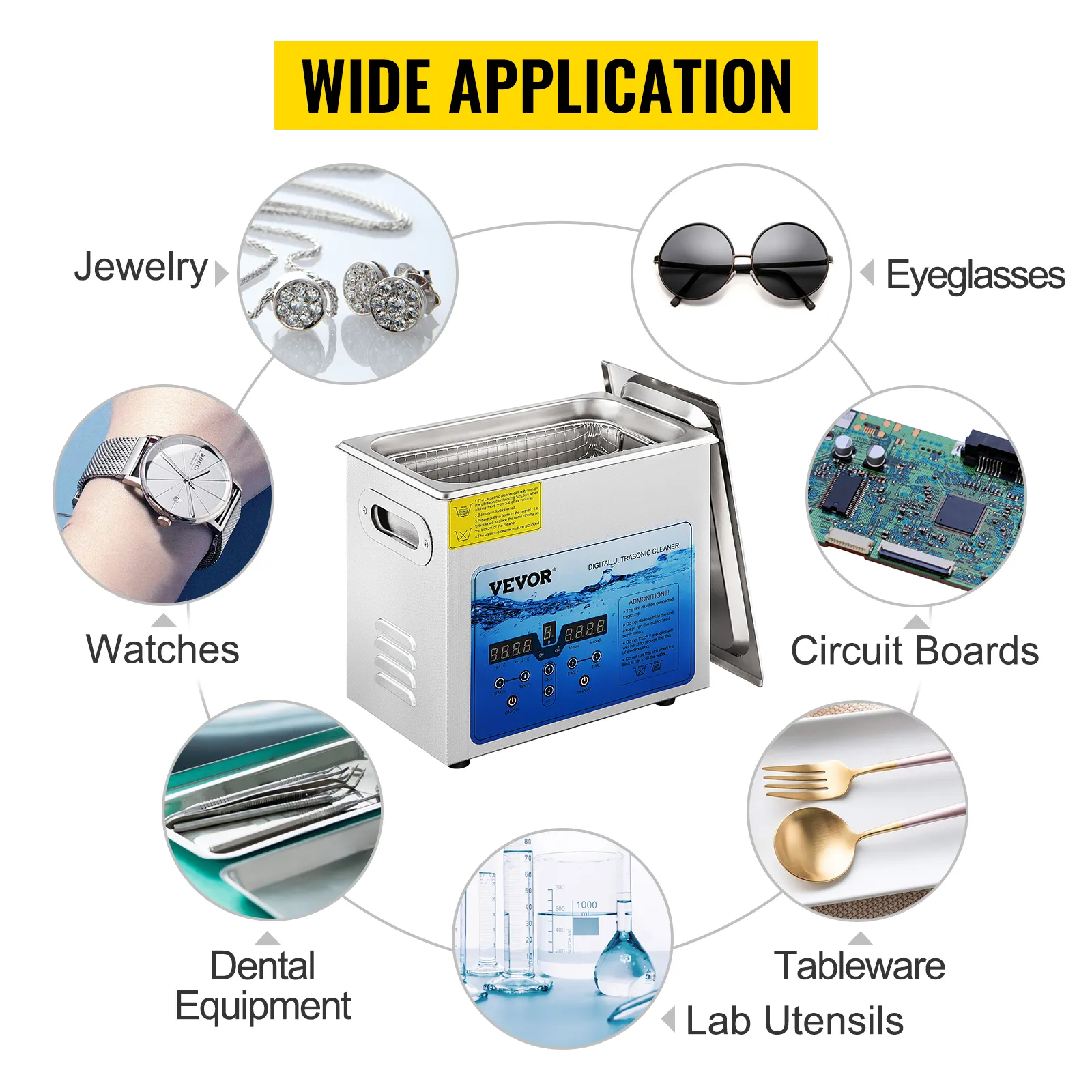 VEVOR ultrasonic cleaner with wide application for jewelry, watches, dental equipment, and more.