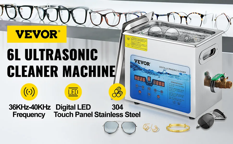 VEVOR ultrasonic cleaner for glasses, jewelry; 6l capacity, digital led touch panel, stainless steel.