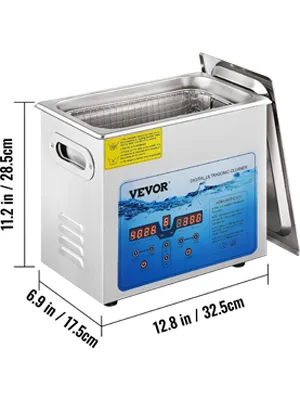 VEVOR ultrasonic cleaner with stainless steel body, digital display, and lid, dimensions labeled.