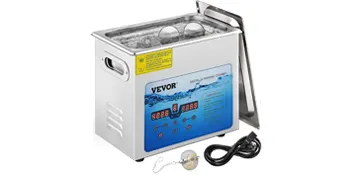 VEVOR ultrasonic cleaner with stainless steel body, digital display, and extra accessories.