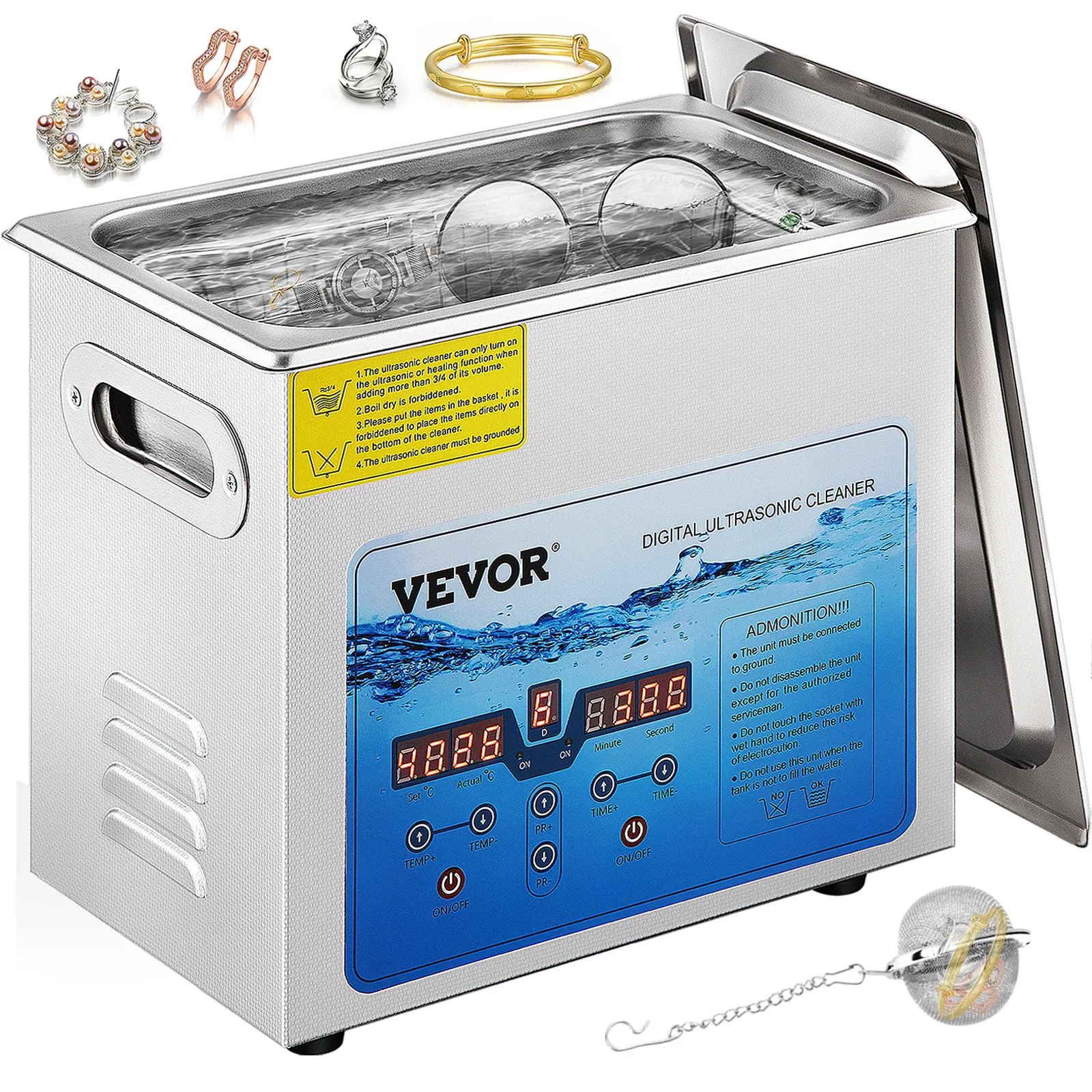 VEVOR ultrasonic cleaner with digital display, cleaning jewelry including rings, earrings, and bracelet.