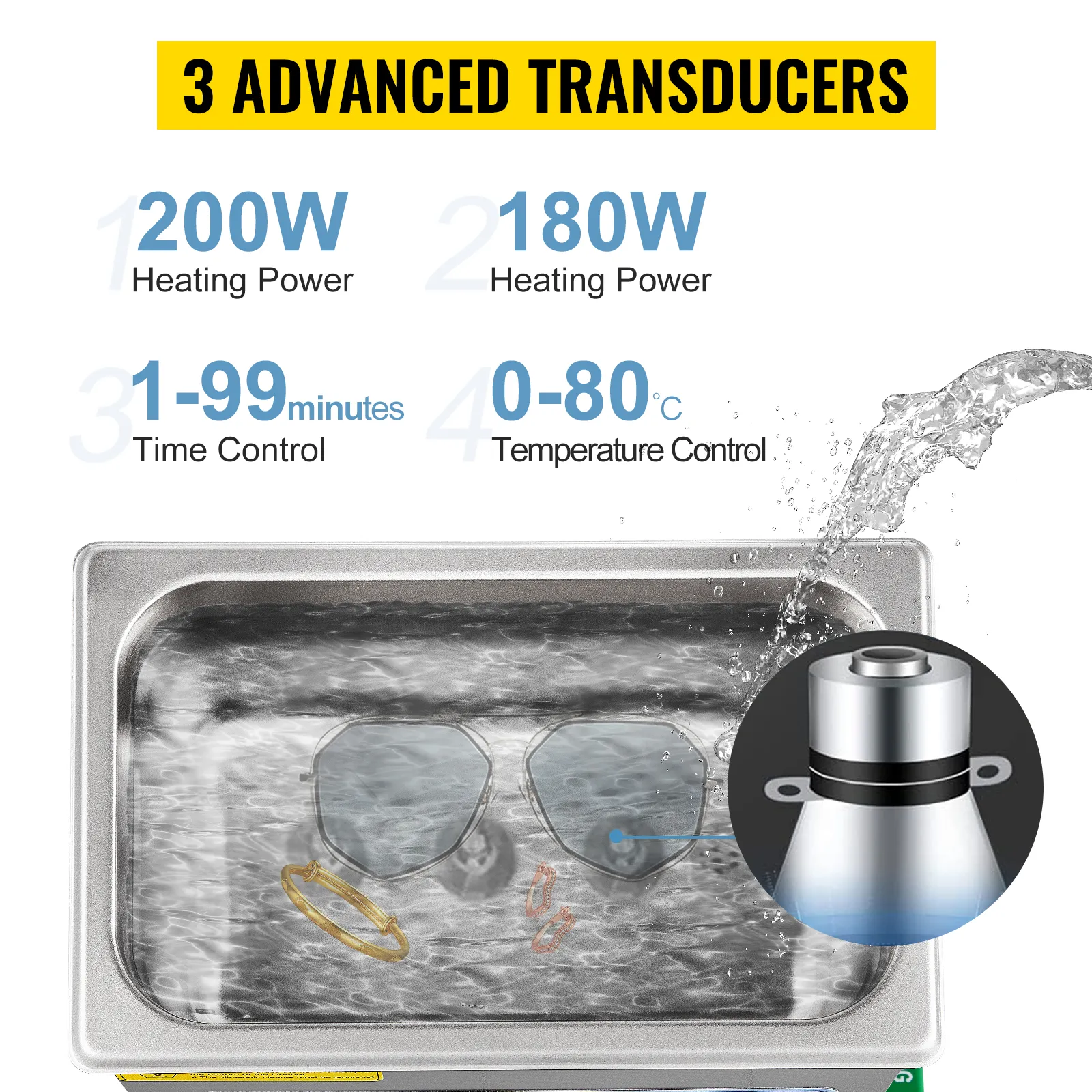 VEVOR ultrasonic cleaner with 3 advanced transducers, 200w+180w heating power, and time/temp control.