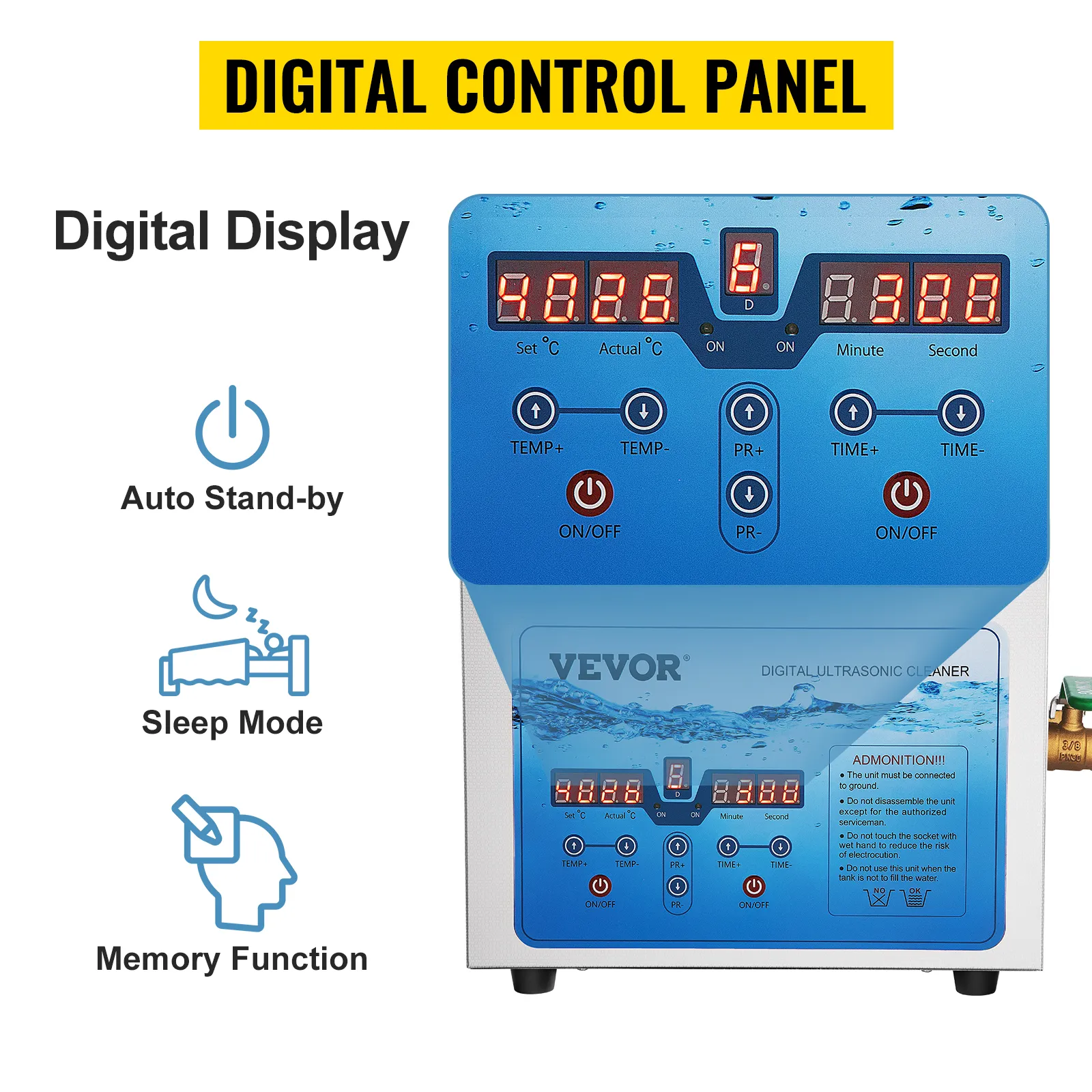 VEVOR ultrasonic cleaner with digital control panel, auto stand-by, sleep mode, and memory function.