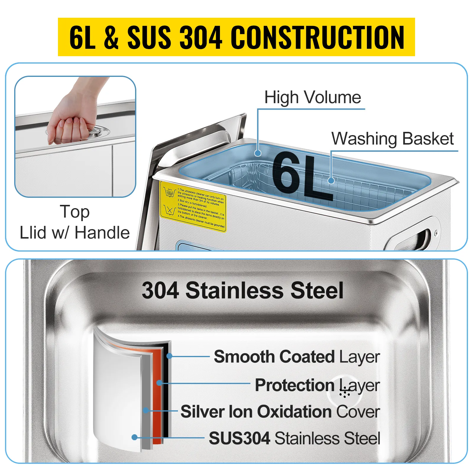VEVOR ultrasonic cleaner 6l with sus304 construction, washing basket, and protective coated layers.