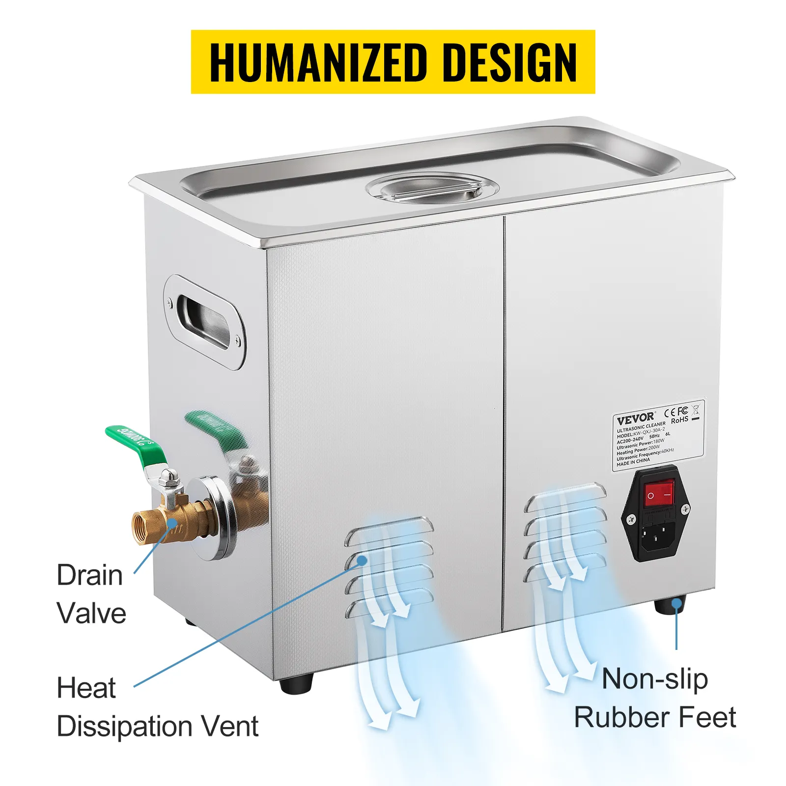 VEVOR ultrasonic cleaner with non-slip rubber feet, heat dissipation vent, drain valve, and humanized design.