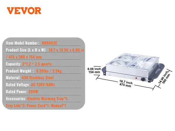 Servidor de buffet eléctrico VEVOR con acero inoxidable 430, capacidad de 2,5 cuartos y 200 W de potencia.