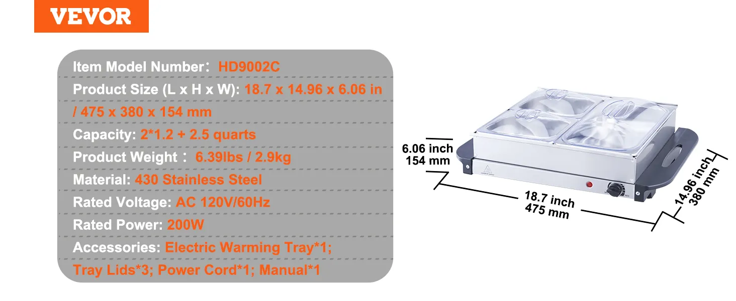 Servidor de buffet eléctrico VEVOR con acero inoxidable 430, capacidad de 2,5 cuartos y 200 W de potencia.