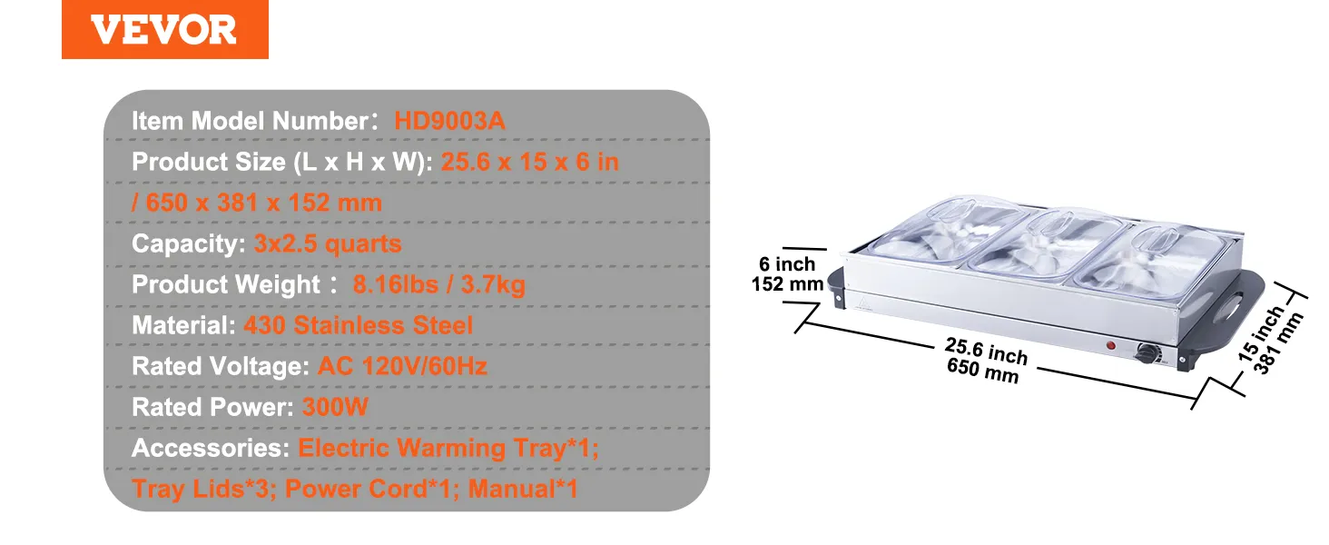 VEVOR buffet server hd9003a, 430 stainless steel, 25.6 x 15 x 6 in, electric warming tray, 300w.