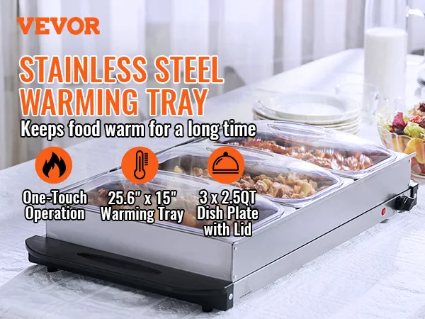 Servidor de buffet VEVOR que calienta la comida de manera eficiente en una mesa con ensalada y utensilios cerca. Calentamiento eficiente en 15 minutos.