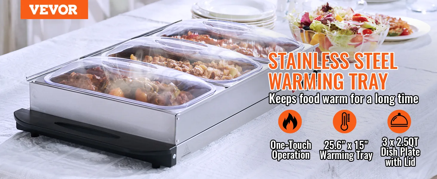 Servidor de buffet VEVOR que calienta la comida de manera eficiente en una mesa con ensalada y utensilios cerca. Calentamiento eficiente en 15 minutos.