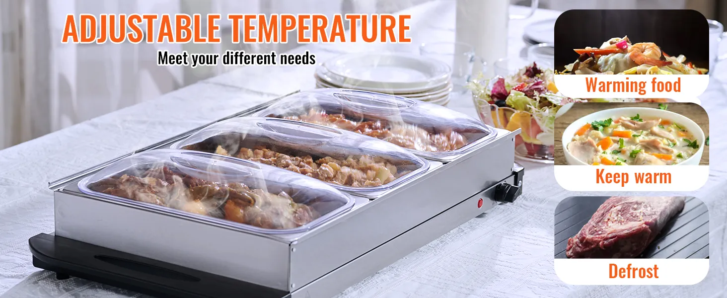 VEVOR buffet server with 60-80°c insulation, keeping food warm on a dining table with plates and salad.