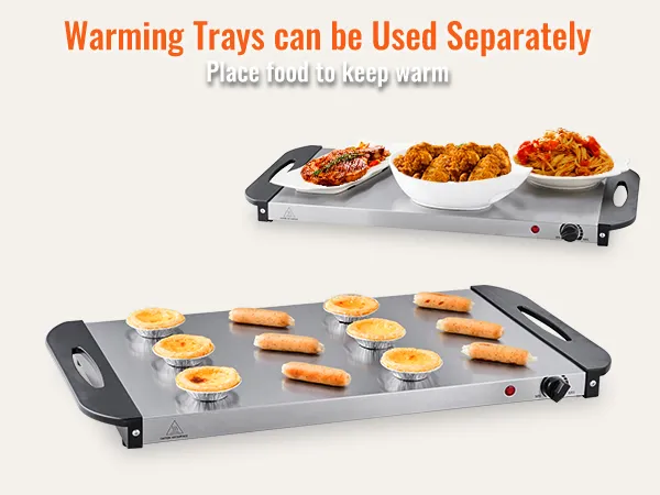 VEVOR buffet server warming trays heating food and tableware separately with various dishes displayed.