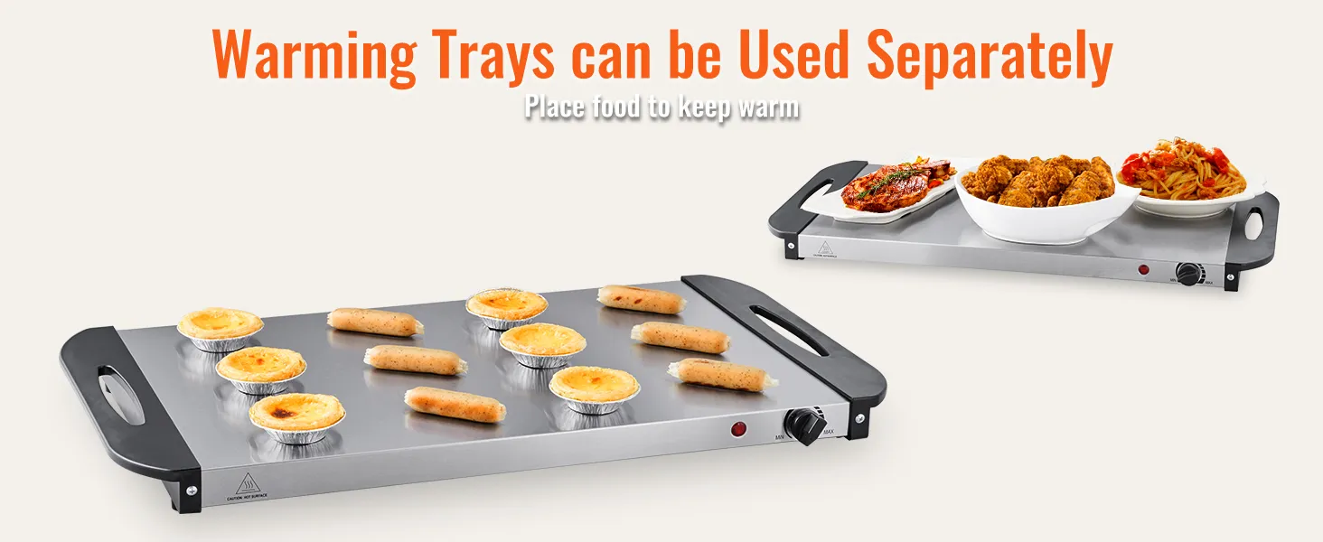 VEVOR buffet server warming trays heating food and tableware separately with various dishes displayed.