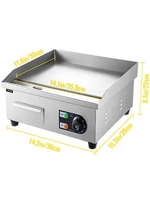 Plancha eléctrica VEVOR con dimensiones destacadas para cocinar sobre la mesa.