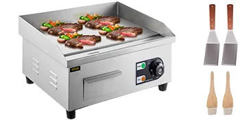 Plancha eléctrica VEVOR con filetes cocidos, verduras, espátulas y pinceles para untar.