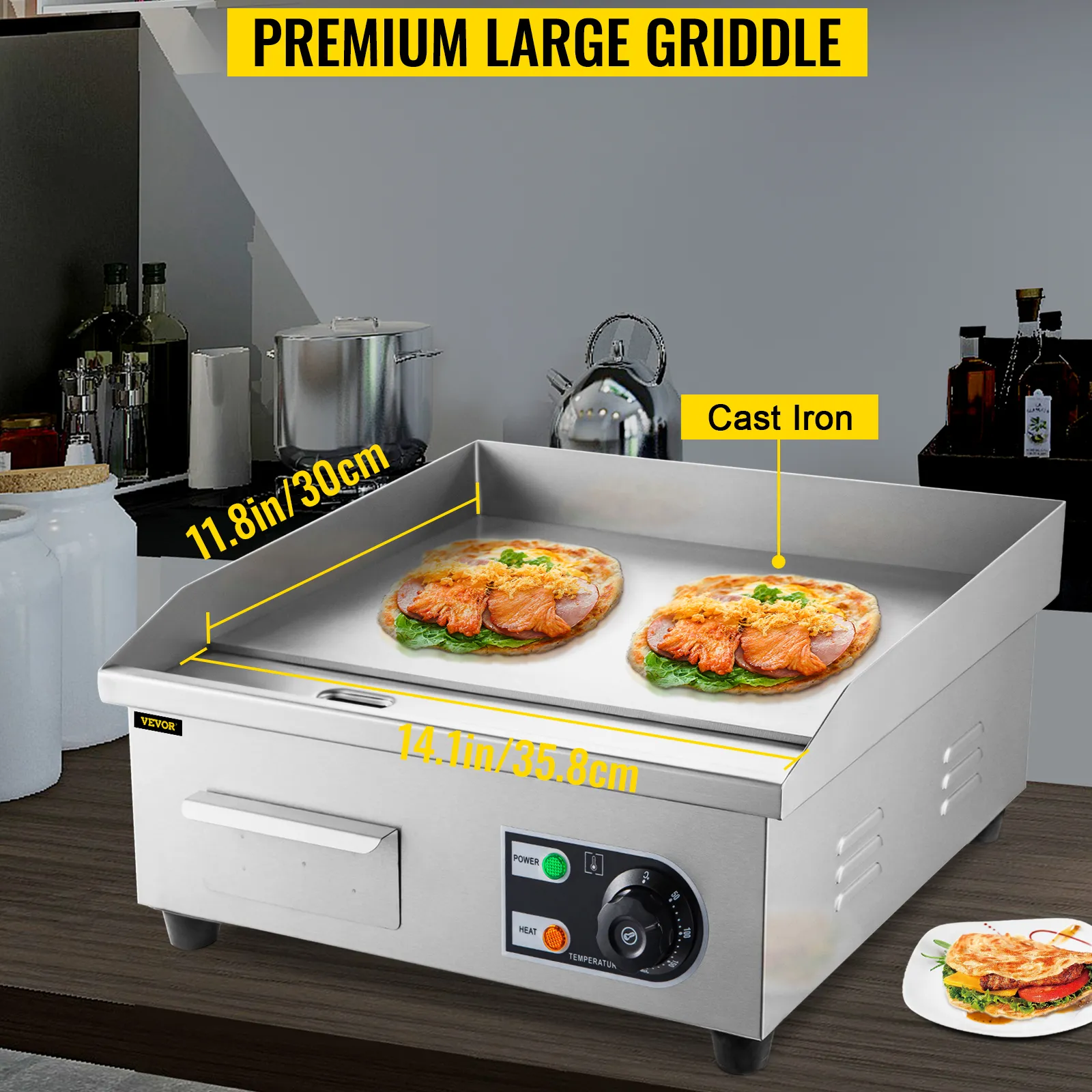 Plancha eléctrica VEVOR con superficie de cocción de hierro fundido de 14,1 x 11,8 pulgadas en un entorno de cocina moderno.
