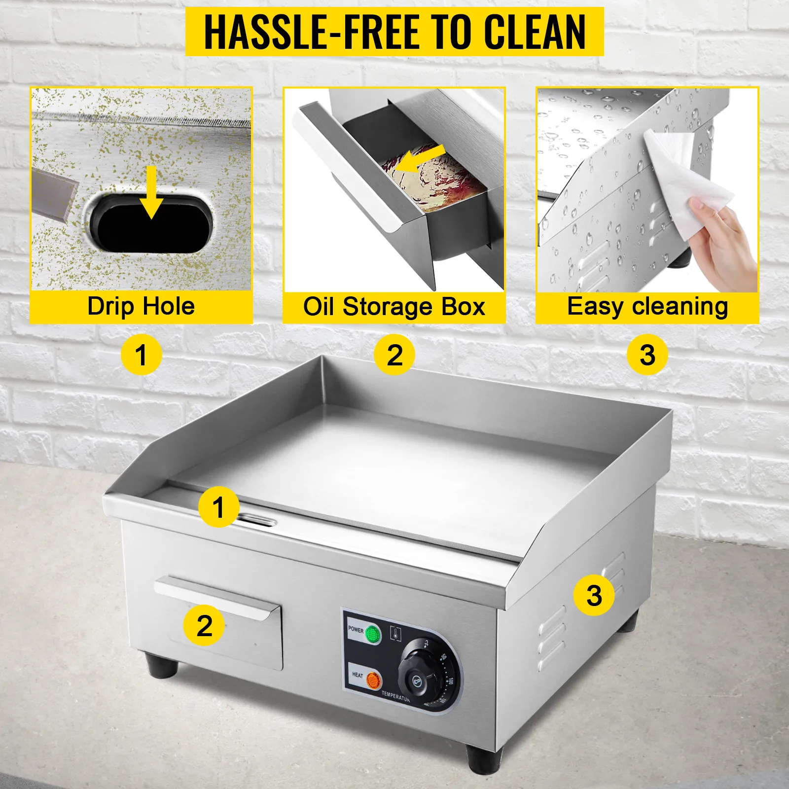 Plancha eléctrica VEVOR con orificio de goteo, caja de almacenamiento de aceite y funciones de fácil limpieza.