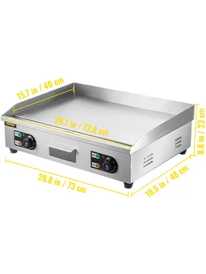 Plancha eléctrica VEVOR con doble control de temperatura, dimensiones etiquetadas en cm.