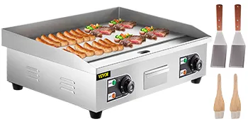 Plancha eléctrica VEVOR para cocinar salchichas y filetes con espátulas y pinceles.