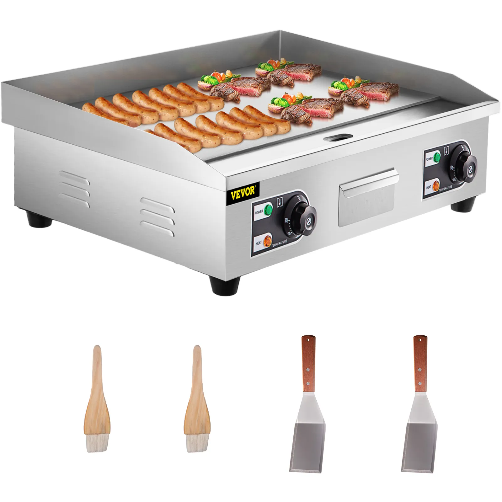 Plancha eléctrica VEVOR para cocinar salchichas y carnes, con dos cepillos y espátulas en la parte delantera.