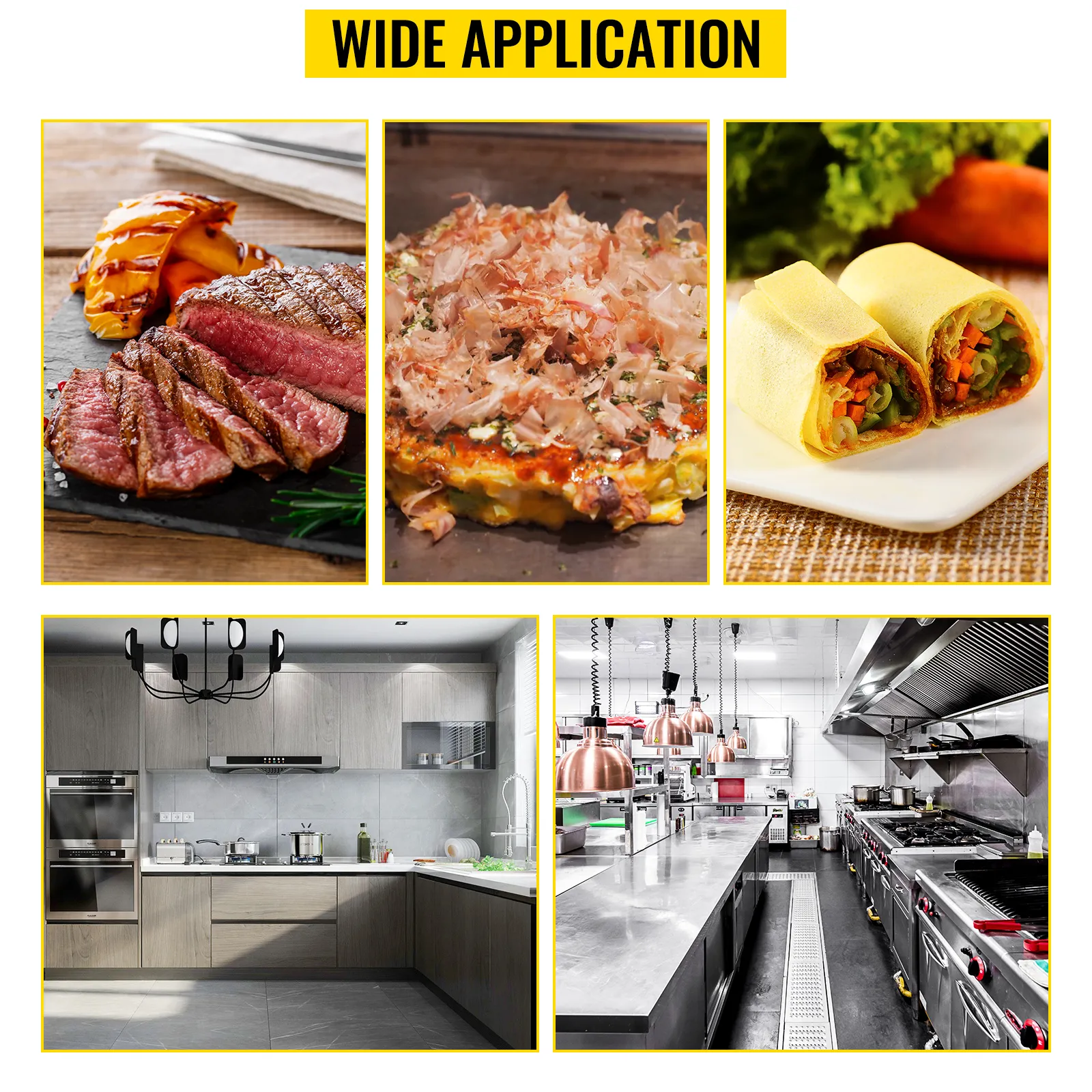 Amplia aplicación de la plancha eléctrica VEVOR para carnes, okonomiyaki y wraps en cocinas.