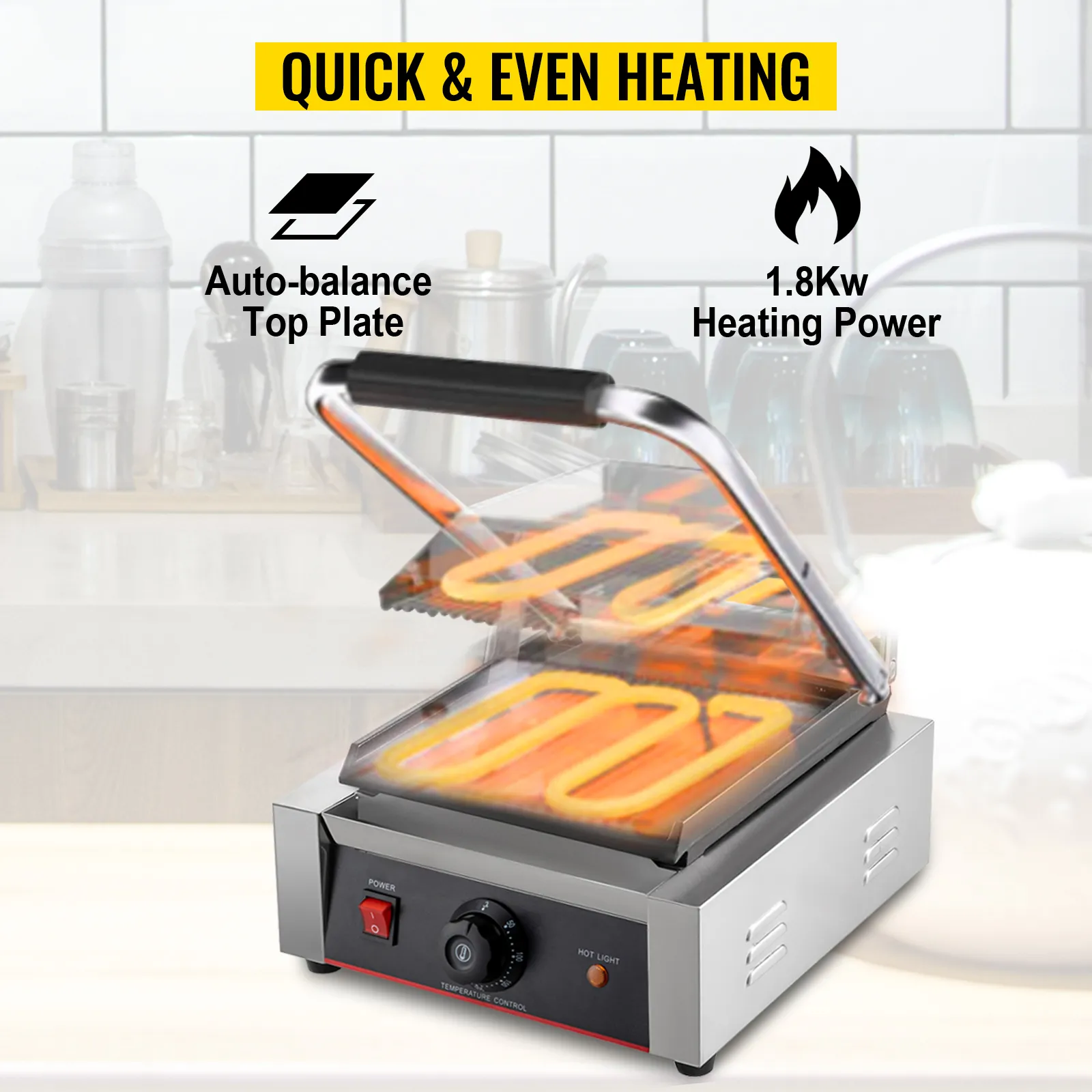 Prensa tostadora de pan VEVOR con potencia de calentamiento de 1,8 kW y placa superior con equilibrio automático.