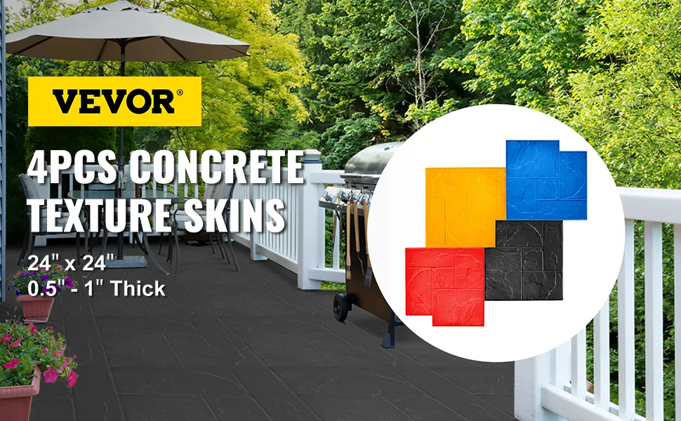 VEVOR-Betonstempel auf Deck mit Grill und Terrassenmöbeln. 4 Betonstruktur-Skins.