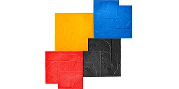 bunte VEVOR-Betonstempel in roten, gelben, blauen und schwarzen Quadraten.