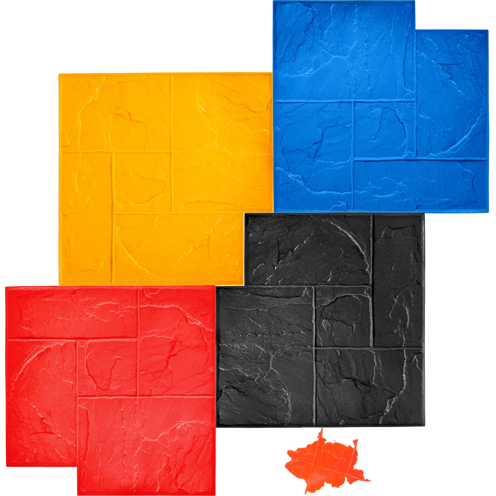 colorful VEVOR concrete stamps in red, yellow, blue, and black with detailed patterns.