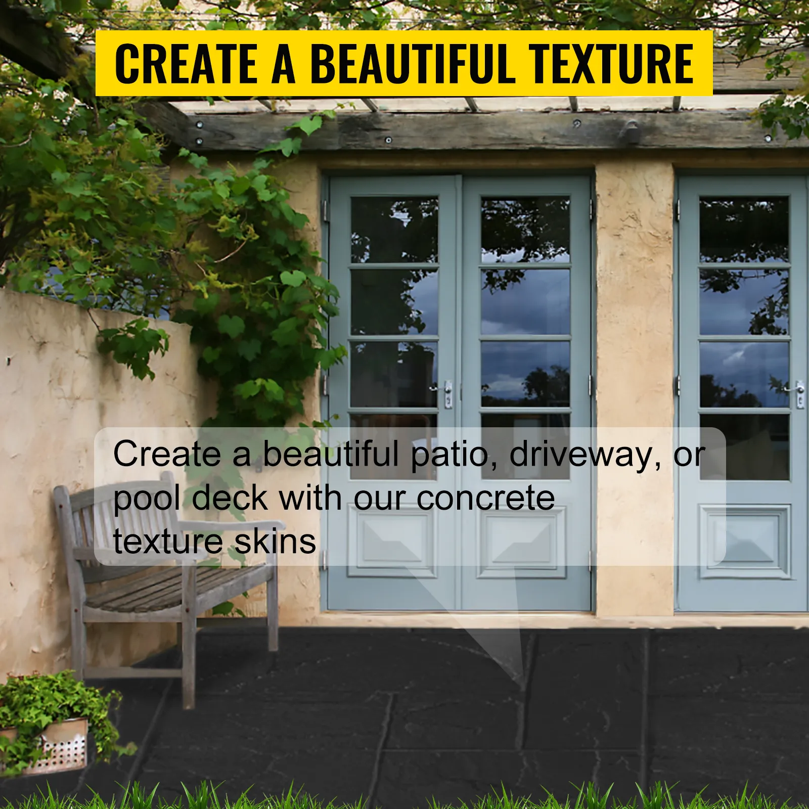 Außenterrasse mit VEVOR-Betonstempeln, Holzbank und blauen Doppeltüren. Textur erstellen.