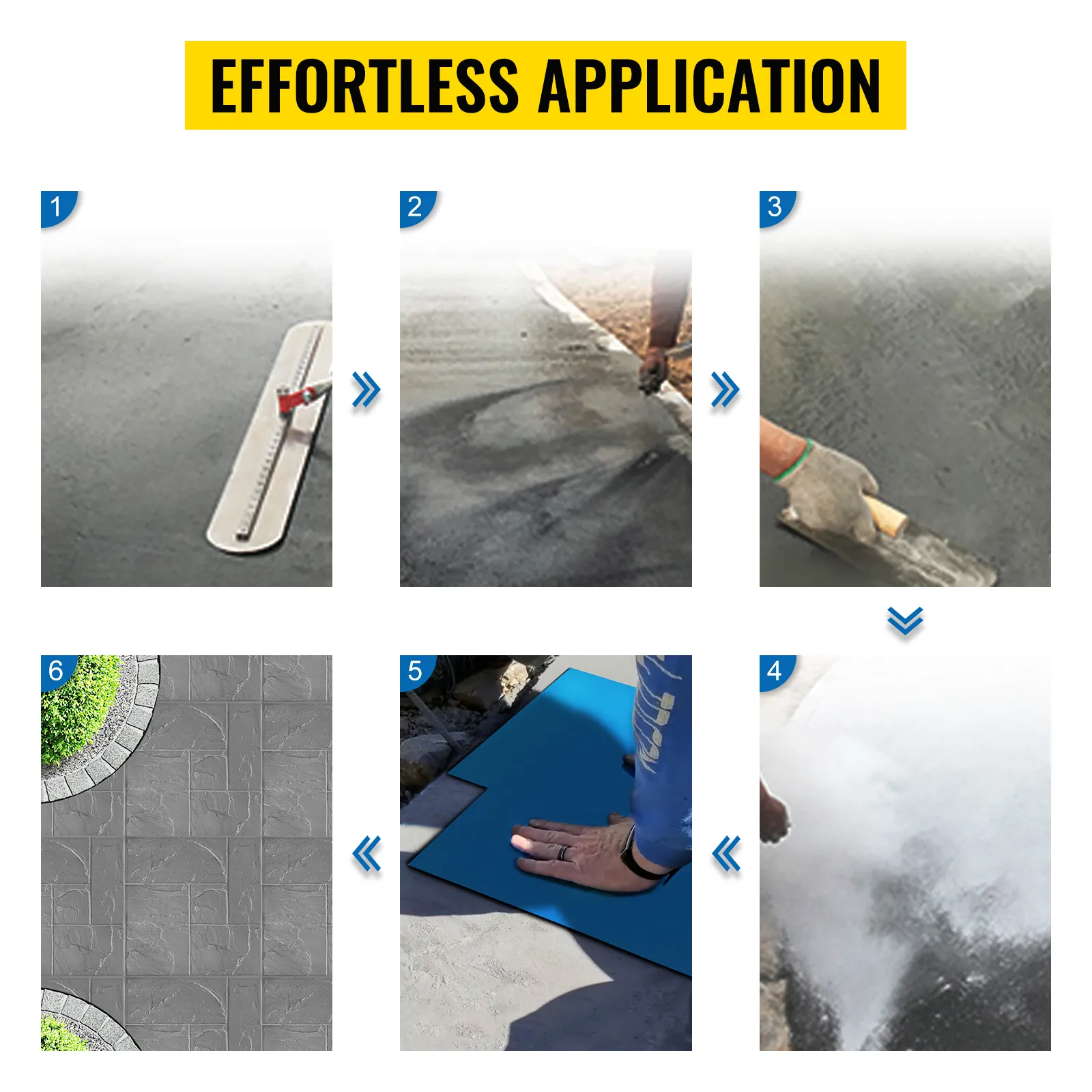 Mühelose Anwendungsschritte für VEVOR-Betonstempel, dargestellt in sechs Bildern.