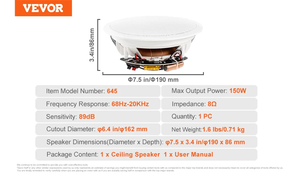 Especificaciones de los altavoces de techo VEVOR: 150 W de potencia, frecuencia de 68 Hz-20 Khz, impedancia de 8ω, sensibilidad de 89 dB.