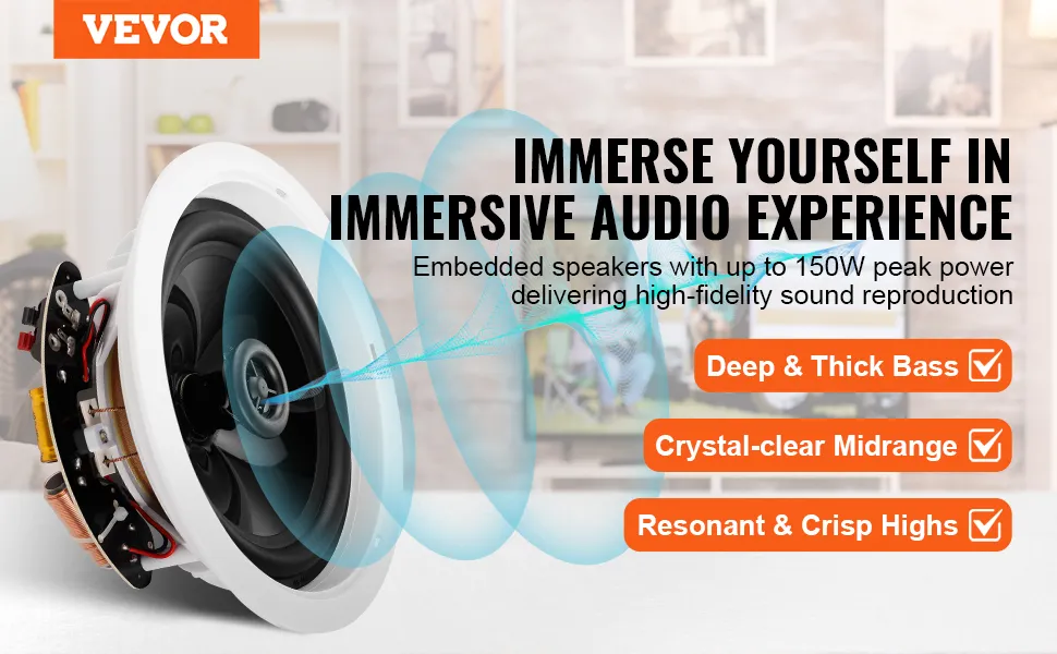 VEVOR ceiling speakers with 150w peak power, delivering deep bass, clear midrange, and crisp highs.