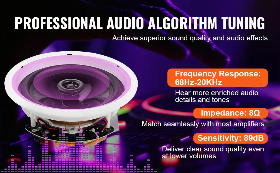Altavoces de techo VEVOR con frecuencia de 68 Hz-20 Khz, impedancia de 8ω y sensibilidad de 89 dB para un sonido superior.