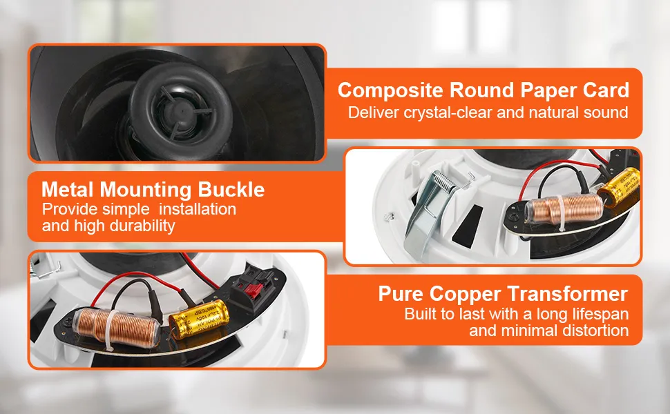 Altavoces de techo VEVOR con tarjeta de papel redonda compuesta, hebilla de montaje de metal y transformador de cobre puro.