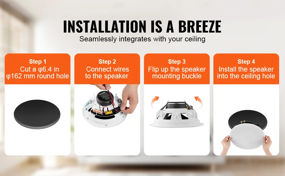 Pasos de instalación para altavoces de techo VEVOR: cortar el orificio, conectar los cables, girar la hebilla de montaje e instalar el altavoz.