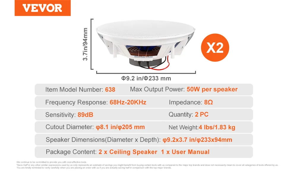 VEVOR ceiling speakers with 9.2 in diameter, 50w max output, sensitivity 89db, 8ω impedance, 2 pieces.