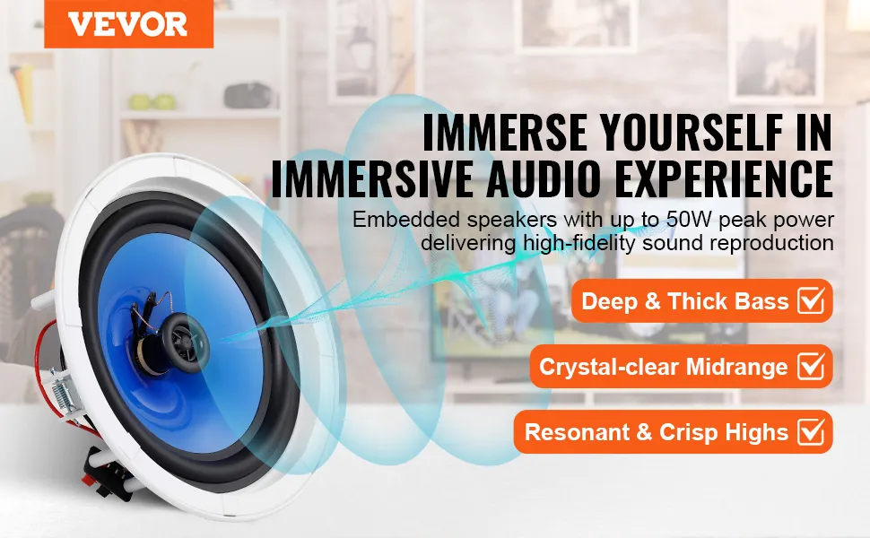 VEVOR ceiling speakers with 50w peak power, deep bass, crystal-clear midrange, and crisp highs.