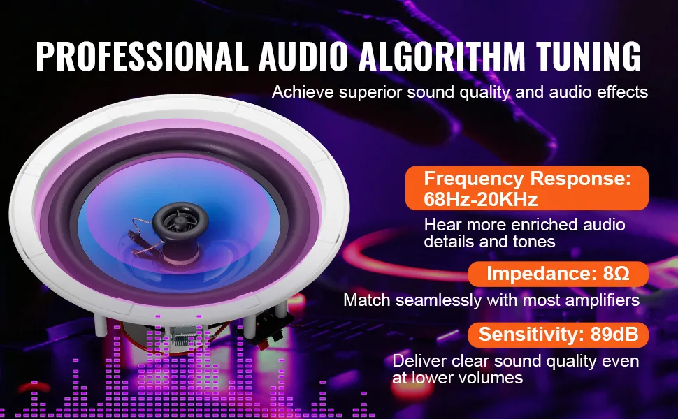 VEVOR ceiling speakers with 68hz-20khz frequency response, 8ω impedance, and 89db sensitivity.