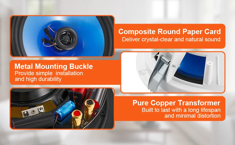 VEVOR ceiling speakers showcase composite round paper card, metal mounting buckle, and pure copper transformer.