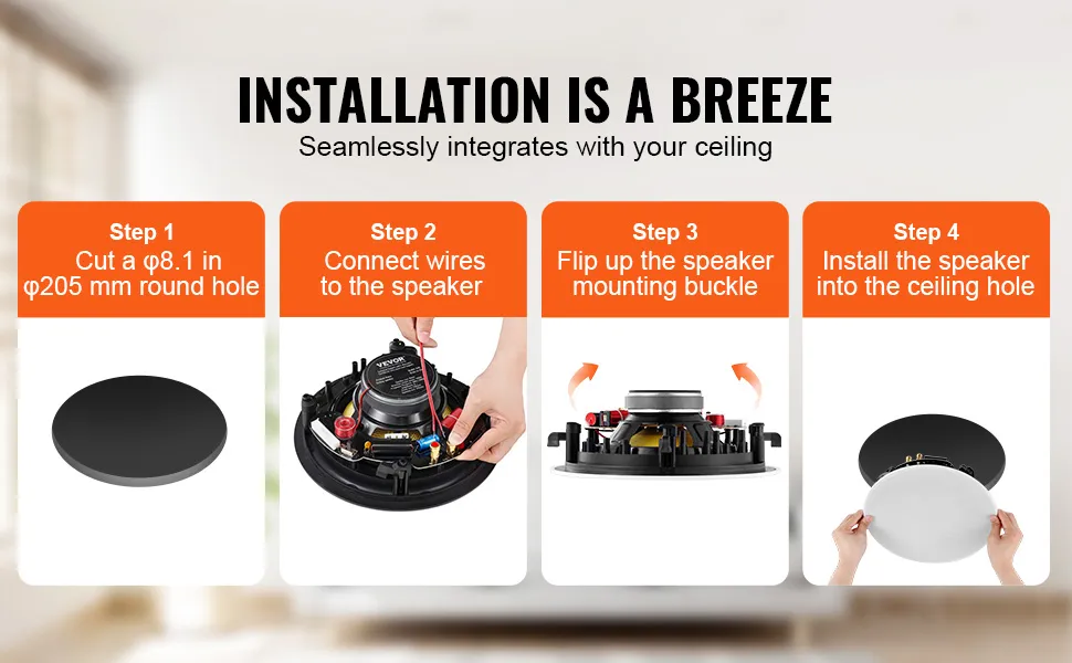 VEVOR ceiling speakers installation steps: cut hole, connect wires, flip buckle, install speaker.