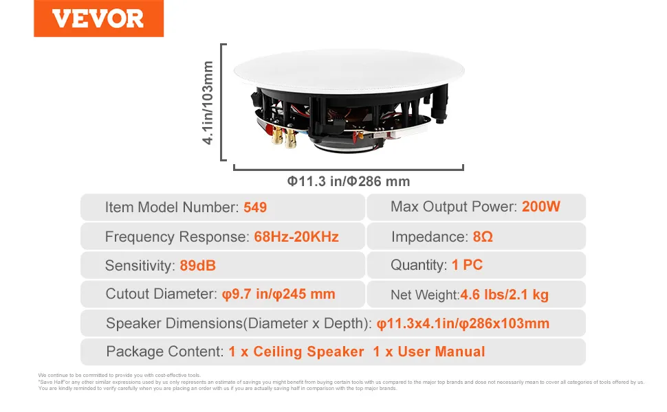 Spezifikationen der VEVOR-Deckenlautsprecher: 200 W Leistung, 68 Hz – 20 kHz Reaktion, 8ω Impedanz, 89 dB Empfindlichkeit.